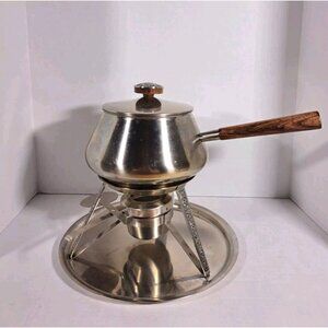 Vintage Stainless Steel Fondue Set With Wooden Handle & Ornate Lid in Original B